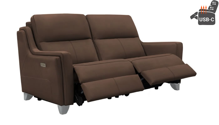 Parker Knoll Portland Large 2 Seater Double Power Plus Recliner Headrests Lumbar USB Heated Seats Rocco Chocolate Leather Brushed Steel Leg